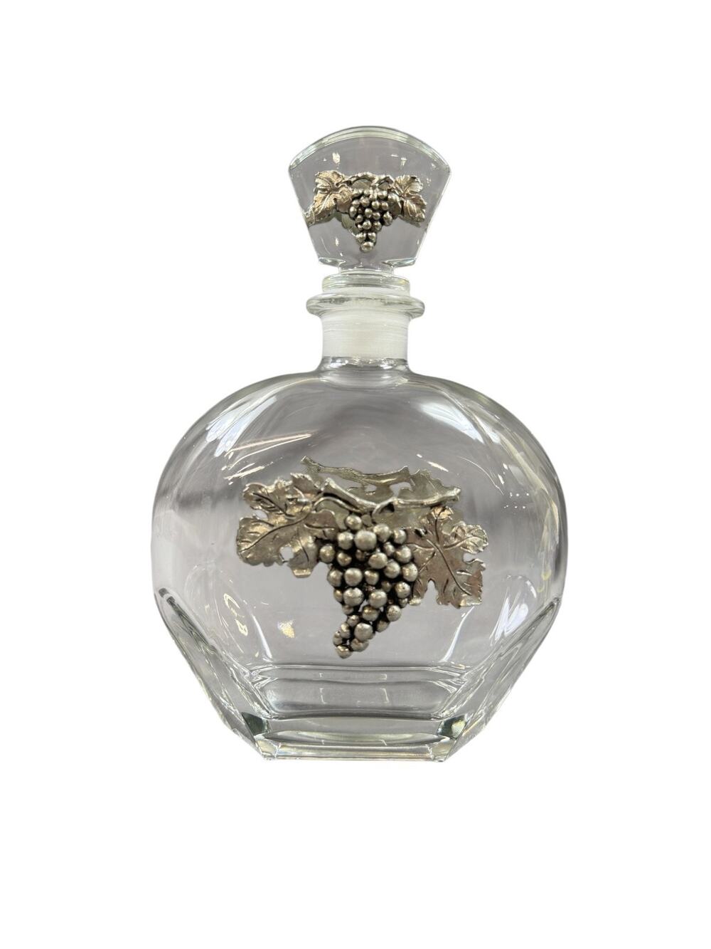 Vintage Heavy Glass Decanter Pewter Grapes Leaf Motif Wine Liquor Bottle